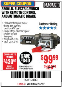 Harbor Freight Coupon 3500 LB. ELECTRIC WINCH WITH REMOTE CONTROL AND AUTOMATIC BRAKE Lot No. 61383/61604/61257 Expired: 2/4/19 - $99.99