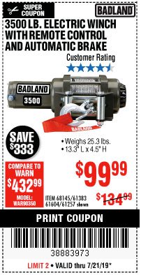 Harbor Freight Coupon 3500 LB. ELECTRIC WINCH WITH REMOTE CONTROL AND AUTOMATIC BRAKE Lot No. 61383/61604/61257 Expired: 7/21/19 - $99.99