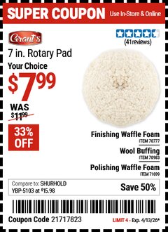 Harbor Freight Coupon GRANT'S 7 IN. ROTARY PAD Lot No. 70777/70983/71099 Valid Thru: 4/13/26 - $7.99