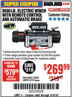 Harbor Freight Coupon 9000 LB. ELECTRIC WINCH WITH REMOTE CONTROL AND AUTOMATIC BRAKE Lot No. 61346/61325/62596/62278/68143 Expired: 5/14/18 - $269.99