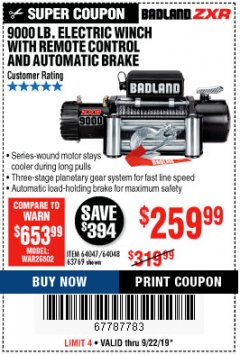 Harbor Freight Coupon 9000 LB. ELECTRIC WINCH WITH REMOTE CONTROL AND AUTOMATIC BRAKE Lot No. 61346/61325/62596/62278/68143 Expired: 9/22/19 - $259.99
