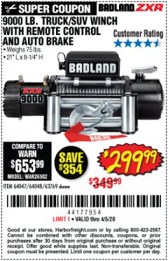 Harbor Freight Coupon 9000 LB. ELECTRIC WINCH WITH REMOTE CONTROL AND AUTOMATIC BRAKE Lot No. 61346/61325/62596/62278/68143 Expired: 6/30/20 - $299.99