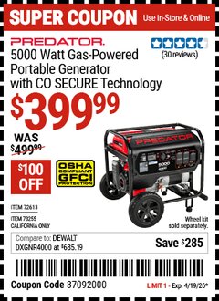 Harbor Freight Coupon PREDATOR 5000 WATT GAS-POWERED PORTABLE GENERATOR WITH CO SECURE TECHNOLOGY Lot No. 72613/73255 Expired: 4/19/26 - $399.99