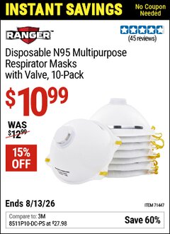 Harbor Freight Coupon RANGER DISPOSABLE N95 MULTIPURPOSE RESPIRATOR MASKS WITH VALVE, 10-PACK Lot No. 71447 Expired: 6/13/26 - $10.99