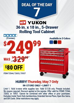 Harbor Freight Coupon YUKON  36 IN. X 18 IN., 5-DRAWER ROLLING TOOL CABINET Lot No. 72544, 72653, 70937 Expired: 5/7/26 - $249.99