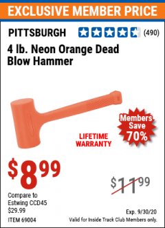 Harbor Freight ITC Coupon 4LB DEAD BLOW HAMMER Lot No. 41800, 69004 Expired: 9/30/20 - $8.99