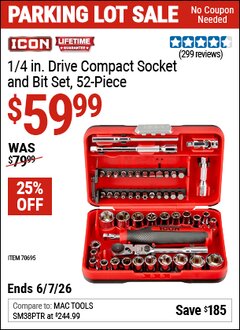 Harbor Freight Coupon ICON 1/4 IN. DRIVE COMPACT SOCKET AND BIT SET, 52-PIECE Lot No. 70695 Expired: 6/7/26 - $59.99