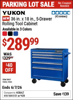 Harbor Freight Coupon YUKON 36 IN. X 18 IN., 5-DRAWER ROLLING TOOL CABINET Lot No. 70937/72544/72653 Valid Thru: 6/7/26 - $289.99