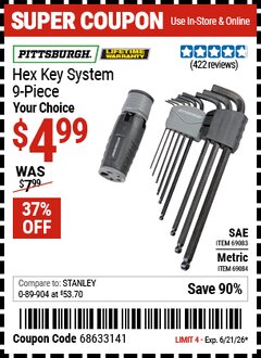 Harbor Freight Coupon PITTSBURGH HEX KEY SYSTEM, 9-PIECE Lot No. 69083/69084 Valid Thru: 6/21/26 - $4.99