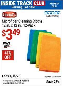 Harbor Freight ITC Coupon GRANT'S MICROFIBER CLEANING CLOTHS 12 IN. X 12 IN., 12-PACK Lot No. 63362/63357 Expired: 1/15/26 - $3.49