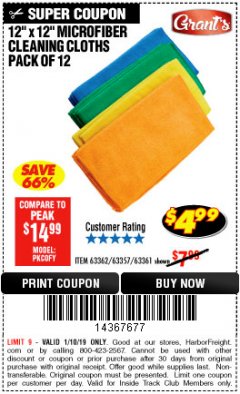 Harbor Freight ITC Coupon MICROFIBER CLEANING CLOTHS PACK OF 12 Lot No. 63357/63361/63362 Expired: 1/10/19 - $4.99
