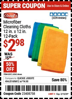 Harbor Freight Coupon GRANT'S MICROFIBER CLEANING CLOTHS 12 IN. X 12 IN., 12-PACK Lot No. 63362/63357 Expired: 3/15/26 - $2.98