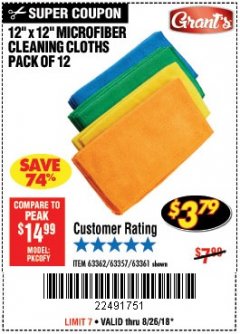 Harbor Freight Coupon MICROFIBER CLEANING CLOTHS PACK OF 12 Lot No. 63357/63361/63362 Expired: 8/26/18 - $3.79