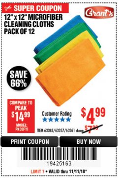 Harbor Freight Coupon MICROFIBER CLEANING CLOTHS PACK OF 12 Lot No. 63357/63361/63362 Expired: 11/11/18 - $4.99