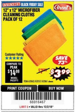Harbor Freight Coupon MICROFIBER CLEANING CLOTHS PACK OF 12 Lot No. 63357/63361/63362 Expired: 12/2/18 - $3.99