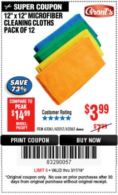 Harbor Freight Coupon MICROFIBER CLEANING CLOTHS PACK OF 12 Lot No. 63357/63361/63362 Expired: 3/17/19 - $3.99
