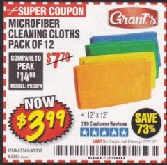 Harbor Freight Coupon MICROFIBER CLEANING CLOTHS PACK OF 12 Lot No. 63357/63361/63362 Expired: 7/31/19 - $3.99