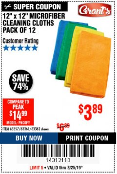 Harbor Freight Coupon MICROFIBER CLEANING CLOTHS PACK OF 12 Lot No. 63357/63361/63362 Expired: 8/25/19 - $3.89