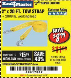 Harbor Freight Coupon 2" x 20 FT. TOW STRAP Lot No. 36612/60675/61943 Expired: 7/1/19 - $8.99