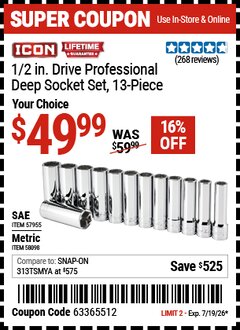 Harbor Freight Coupon ICON 1/2 IN. DRIVE PROFESSIONAL DEEP SOCKET SET, 13-PIECE Lot No. 57955/58098 Valid Thru: 7/19/26 - $49.99