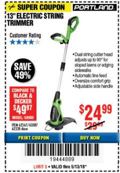 Harbor Freight Coupon 13" ELECTRIC STRING TRIMMER Lot No. 62567/62338 Expired: 5/13/18 - $24.99