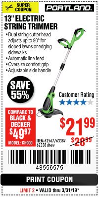 Harbor Freight Coupon 13" ELECTRIC STRING TRIMMER Lot No. 62567/62338 Expired: 3/31/19 - $21.99