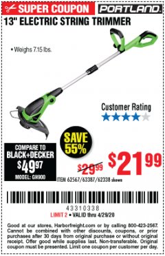 Harbor Freight Coupon 13" ELECTRIC STRING TRIMMER Lot No. 62567/62338 Expired: 6/30/20 - $21.99