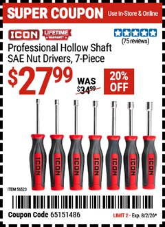 Harbor Freight Coupon ICON PROFESSIONAL HOLLOW SHAFT SAE NUT DRIVERS, 7-PIECE Lot No. 56523 Valid Thru: 8/2/26 - $27.99