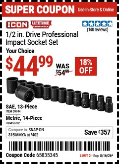 Harbor Freight Coupon ICON 1/2 IN. DRIVE PROFESSIONAL IMPACT SOCKET SET Lot No. 59744/59762 Valid Thru: 8/16/26 - $44.99