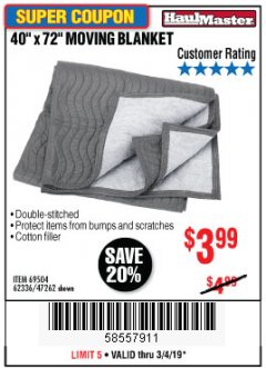Harbor Freight Coupon 40" x 72" MOVER'S BLANKET Lot No. 47262/69504/62336 Expired: 3/4/19 - $3.99