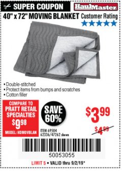 Harbor Freight Coupon 40" x 72" MOVER'S BLANKET Lot No. 47262/69504/62336 Expired: 9/2/19 - $3.99