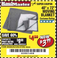 Harbor Freight Coupon 40" x 72" MOVER'S BLANKET Lot No. 47262/69504/62336 Expired: 6/30/20 - $3.99