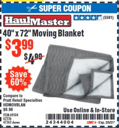 Harbor Freight Coupon 40" x 72" MOVER'S BLANKET Lot No. 47262/69504/62336 Expired: 2/5/21 - $3.99