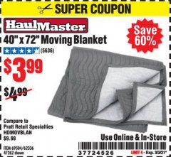 Harbor Freight Coupon 40" x 72" MOVER'S BLANKET Lot No. 47262/69504/62336 Expired: 3/3/21 - $3.99