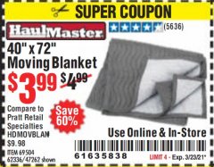 Harbor Freight Coupon 40" x 72" MOVER'S BLANKET Lot No. 47262/69504/62336 Expired: 3/23/21 - $3.99