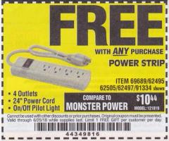 Harbor Freight FREE Coupon FOUR OUTLET POWER STRIP Lot No. 91334/69689/62495/62505/62497 Expired: 6/25/18 - FWP