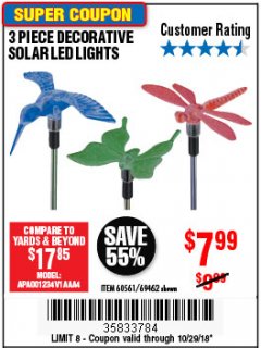 Harbor Freight Coupon 3 PIECE DECORATIVE SOLAR LED LIGHTS Lot No. 95588/69462/60561 Expired: 12/29/18 - $7.99