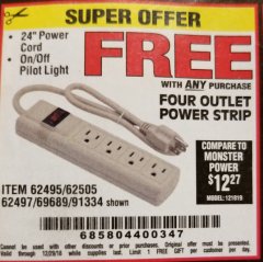 Harbor Freight FREE Coupon FOUR OUTLET POWER STRIP Lot No. 91334/69689/62495/62505/62497 Expired: 12/29/18 - FWP
