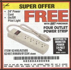 Harbor Freight FREE Coupon FOUR OUTLET POWER STRIP Lot No. 91334/69689/62495/62505/62497 Expired: 12/29/18 - FWP
