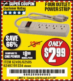 Harbor Freight Coupon FOUR OUTLET POWER STRIP Lot No. 91334/69689/62495/62505/62497 Expired: 6/30/20 - $2.99