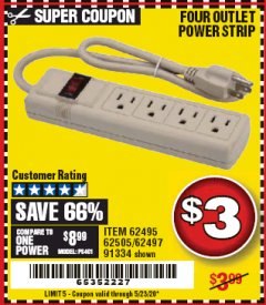 Harbor Freight Coupon FOUR OUTLET POWER STRIP Lot No. 91334/69689/62495/62505/62497 Expired: 6/30/20 - $3
