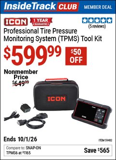 Harbor Freight Coupon ICON PROFESSIONAL TIRE PRESSURE MONITORING SYSTEM (TPMS) TOOL KIT Lot No. 59482 Valid: 12/31/69 - 10/1/26 - $599.99