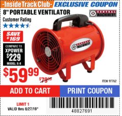 Harbor Freight ITC Coupon 8" PORTABLE VENTILATOR Lot No. 97762 Expired: 8/27/19 - $59.99