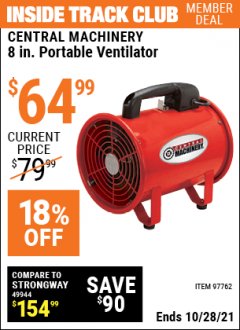 Harbor Freight ITC Coupon 8" PORTABLE VENTILATOR Lot No. 97762 Expired: 10/28/21 - $64.99