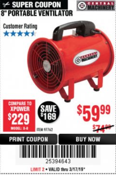 Harbor Freight Coupon 8" PORTABLE VENTILATOR Lot No. 97762 Expired: 3/17/19 - $59.99