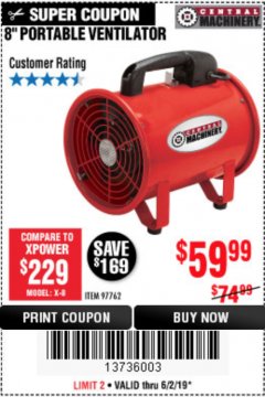 Harbor Freight Coupon 8" PORTABLE VENTILATOR Lot No. 97762 Expired: 6/2/19 - $59.99