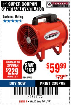Harbor Freight Coupon 8" PORTABLE VENTILATOR Lot No. 97762 Expired: 8/11/19 - $59.99
