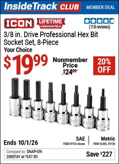 Harbor Freight Coupon ICON 3/8 IN. DRIVE PROFESSIONAL HEX-BIT SOCKET SET, 8-PIECE Lot No. 59742/59738 Valid: 12/31/69 - 10/1/26 - $19.99