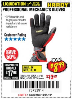 Harbor Freight Coupon PROFESSIONAL MECHANIC'S GLOVES Lot No. 62524/68307/68308/62525/68309/62526 Expired: 10/31/19 - $8.99