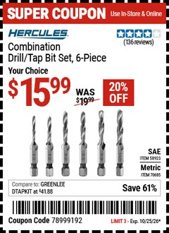 Harbor Freight Coupon HERCULES COMBINATION DRILL/TAP BIT SET, 6-PIECE Lot No. 58923/70685 Valid Thru: 10/25/26 - $15.99